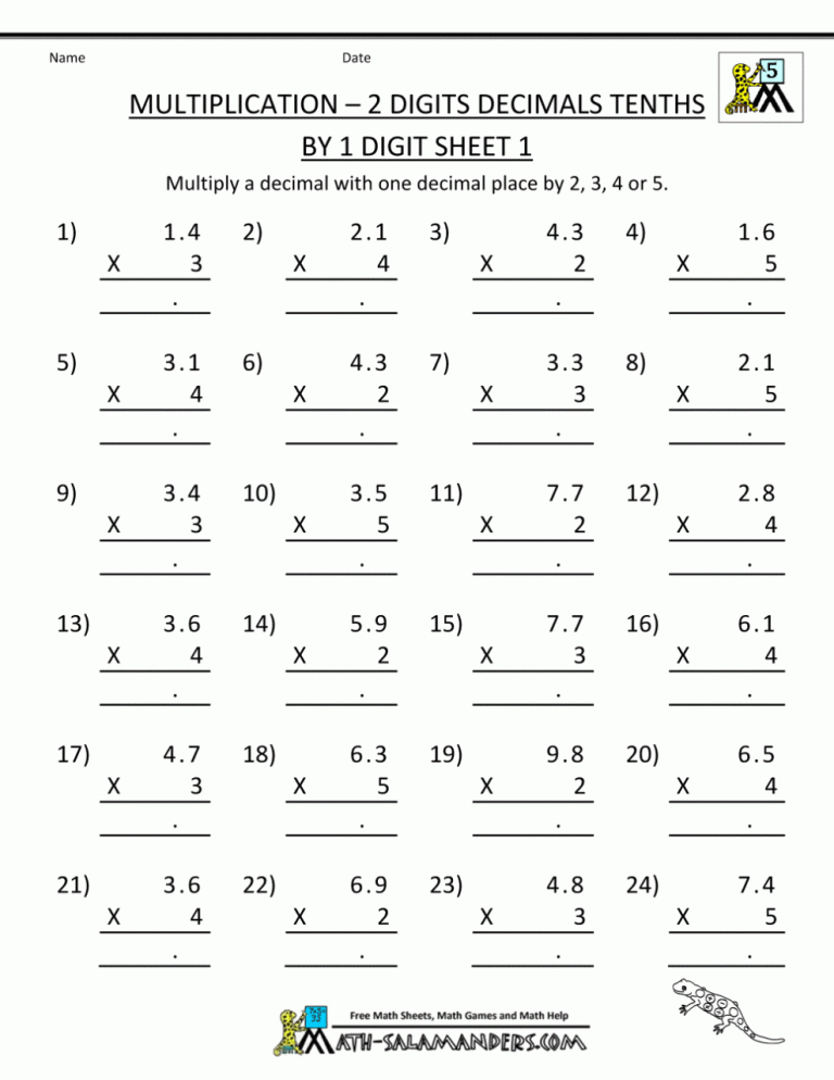 Multiplication 5th Grade Math Worksheets Decimals