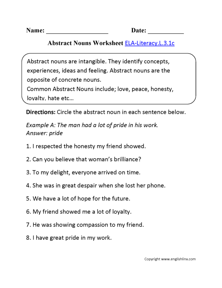 Abstract Nouns Worksheet Pdf