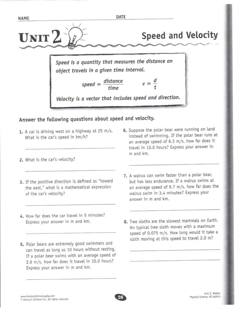 Speed And Velocity Worksheet 8th Grade