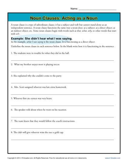 Noun Clause Worksheet With Answers Pdf