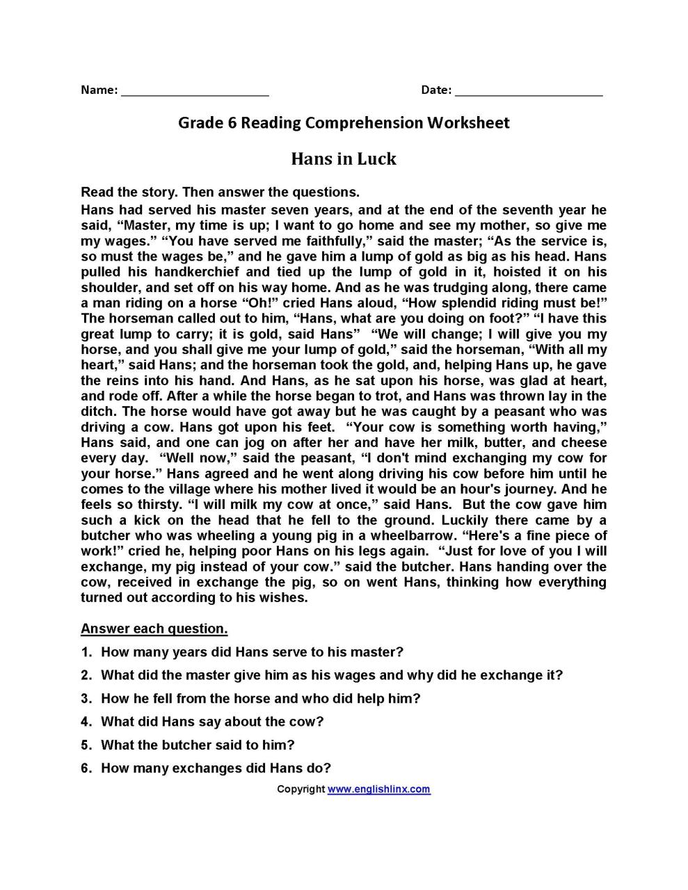 Free Reading Comprehension Worksheets Year 6