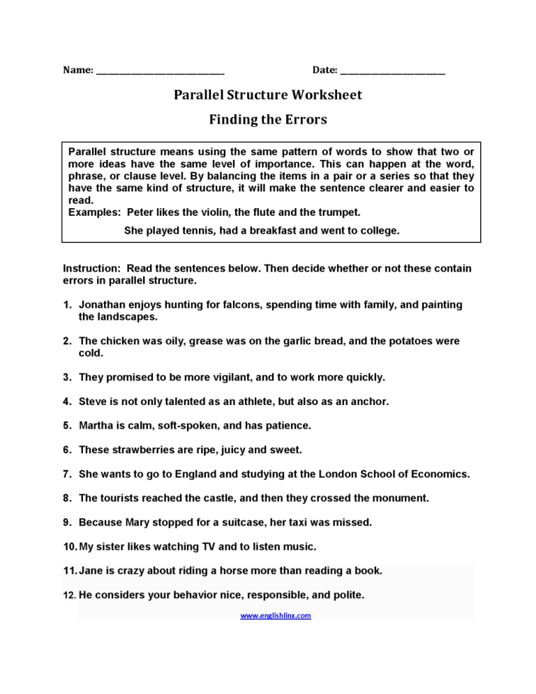 Sentence Structure Worksheets Answer Key
