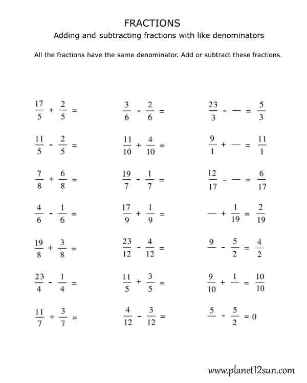 Printable Adding And Subtracting Fractions With Like Denominators Worksheets Pdf