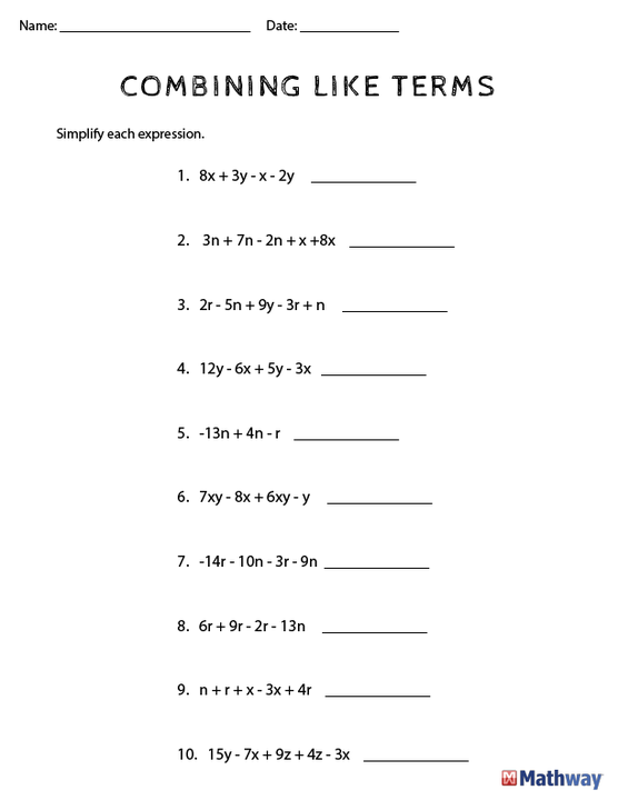 Combining Like Terms Worksheet 9th Grade Answer Key