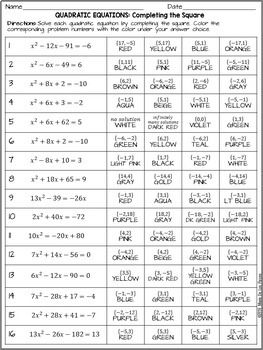 Completing The Square Worksheet With Solutions