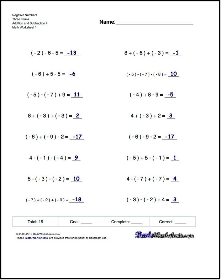 Negative Numbers Worksheet Answers