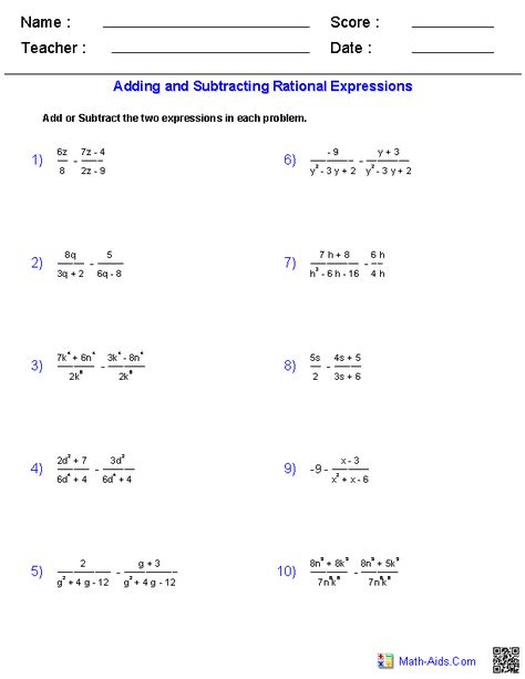 Adding And Subtracting Rational Expressions Worksheet