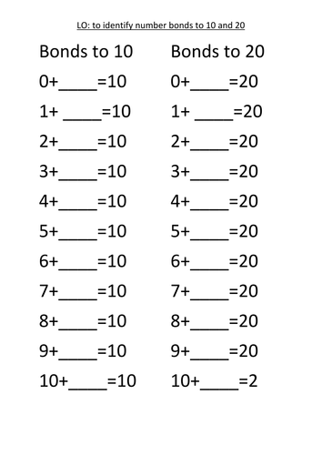 Number Bonds To 20 Worksheets Year 2