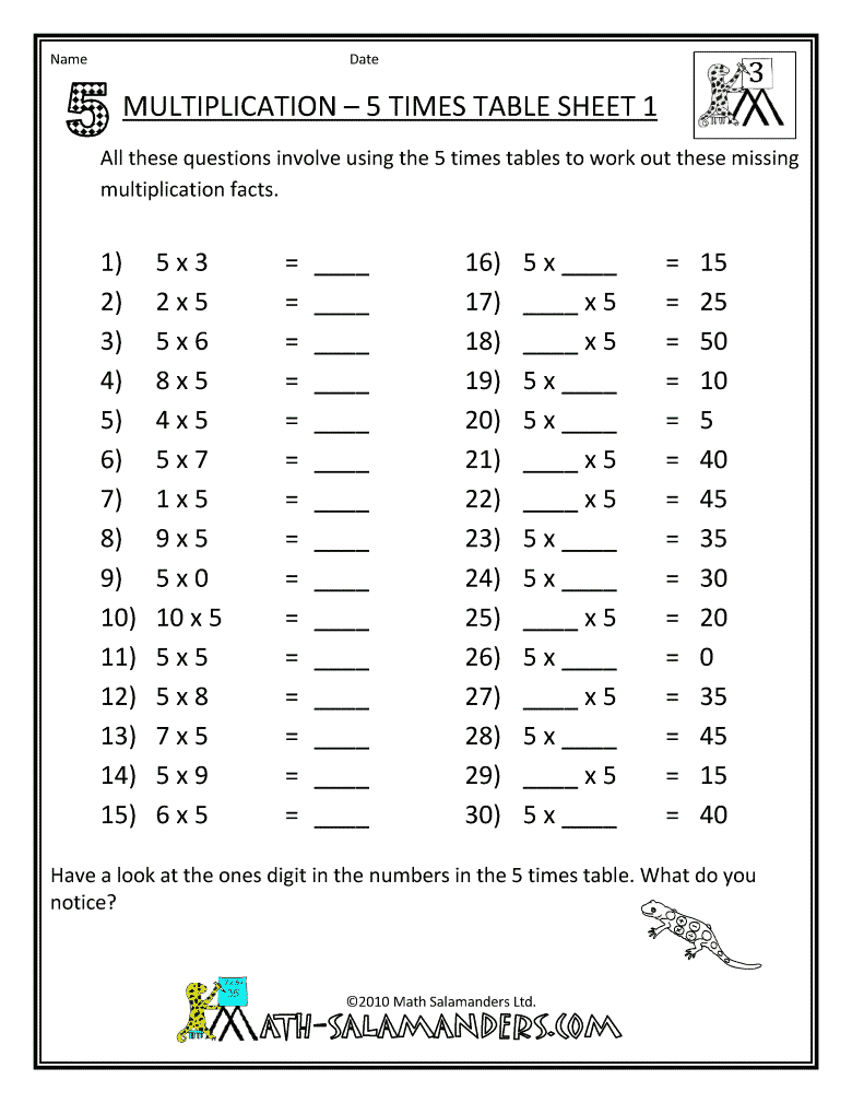 Times Tables Worksheets 1-5