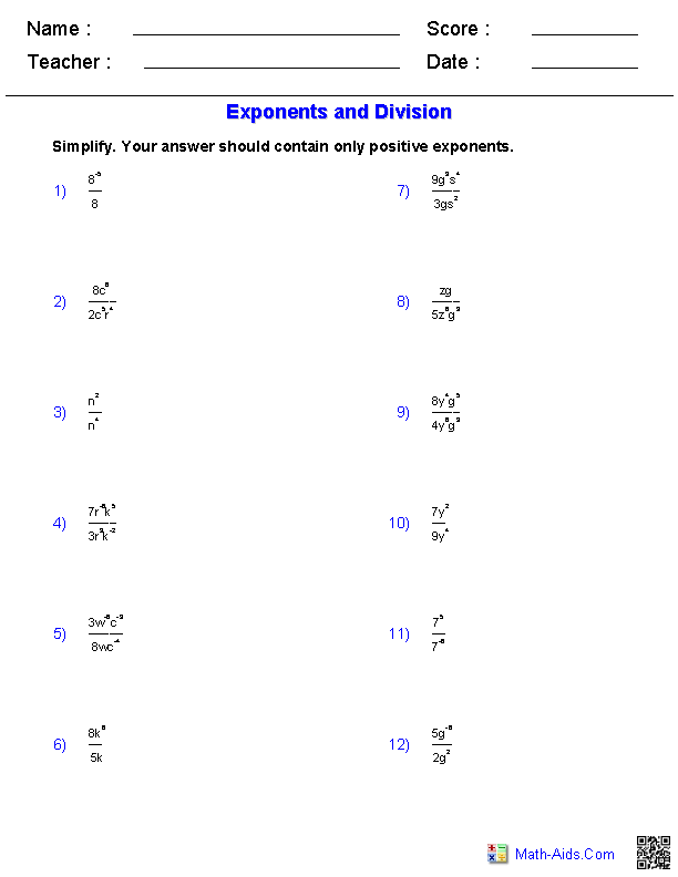 Simplifying Exponents Worksheet