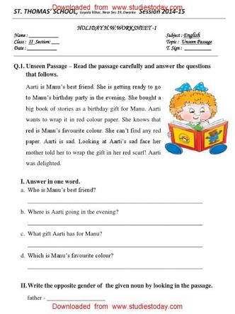 Comprehension For Class 2 Cbse