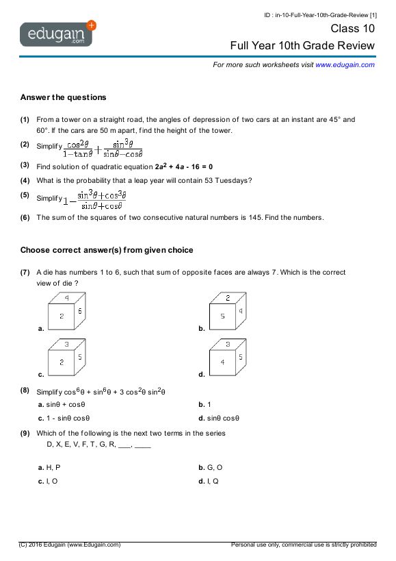 Printable Grade 10 Math Worksheets