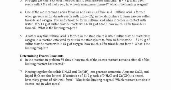 Limiting And Excess Reactants Worksheet Answers