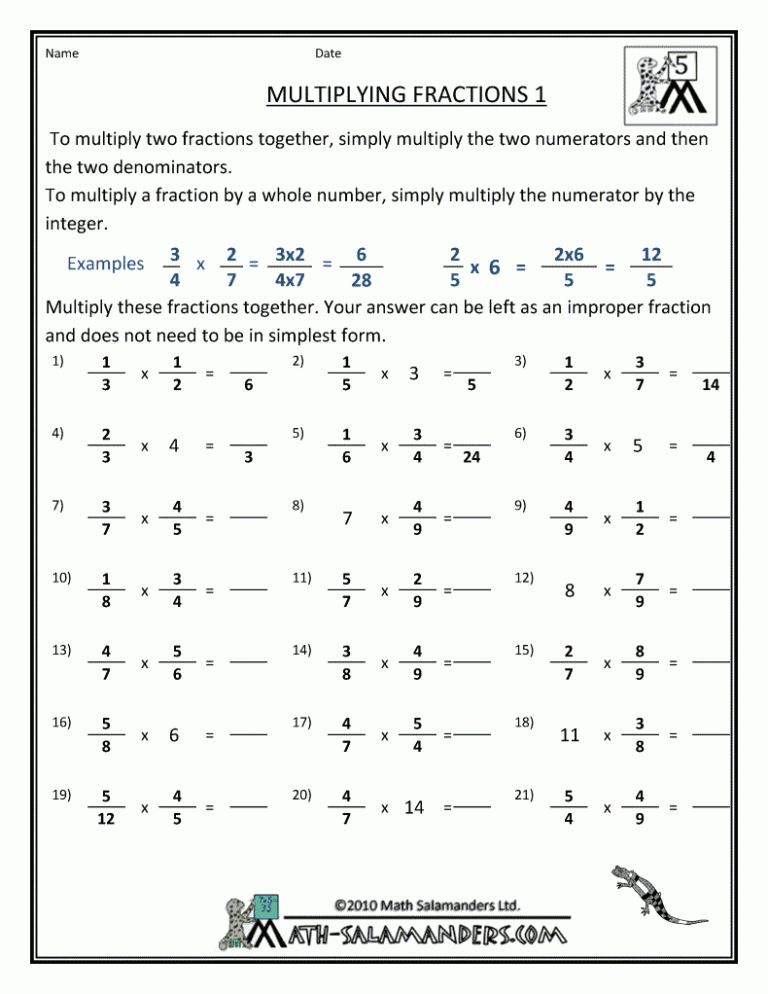 Multiplying Fractions Worksheets 5th Grade