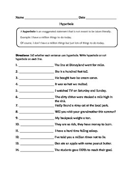 Hyperbole Worksheets 6th Grade