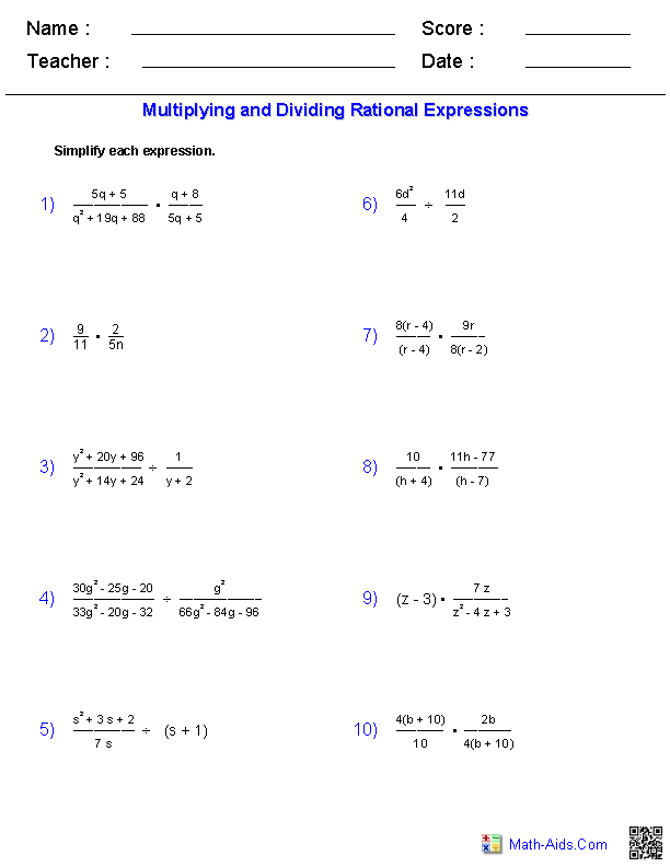Rational Expressions Worksheet