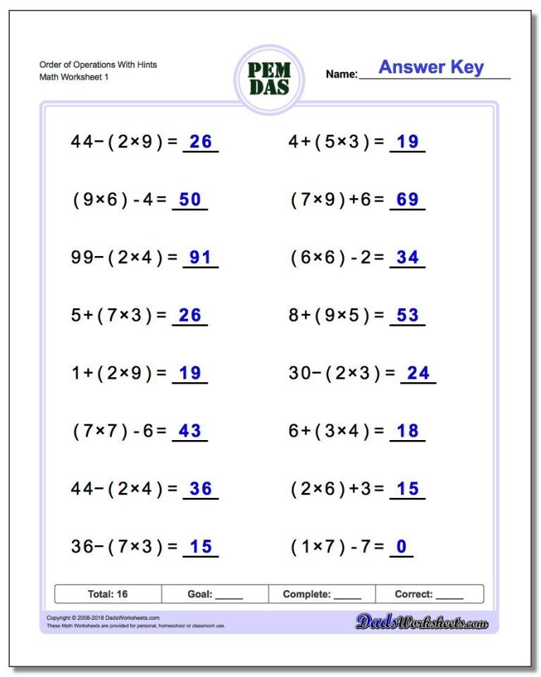 Math Worksheets Grade 5 Order Of Operations