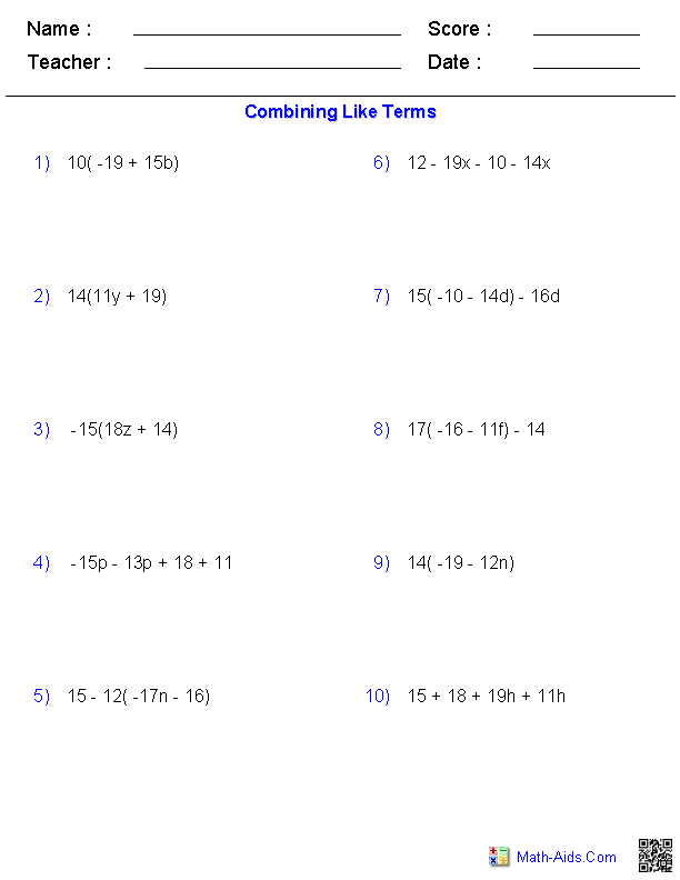 Simplifying And Combining Like Terms Worksheet Answers