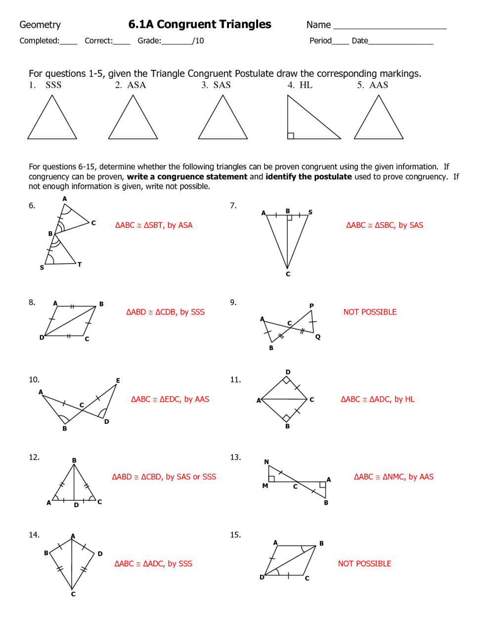 Answer Key Triangle Congruence Worksheet Answers