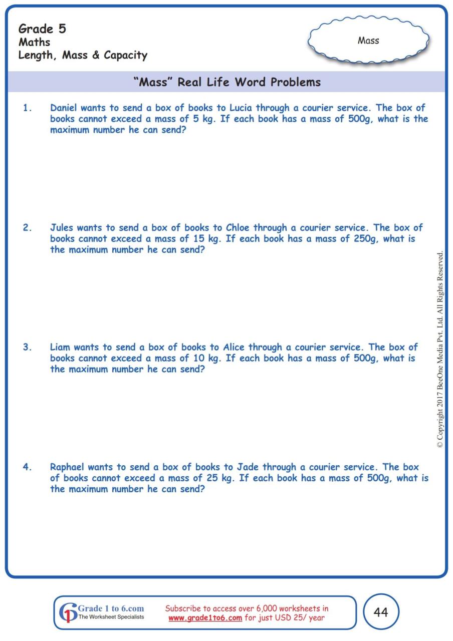 Free Math Worksheets For 5th Grade Word Problems