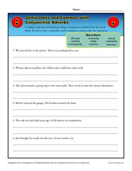 Conjunctive Adverbs Worksheet With Answers