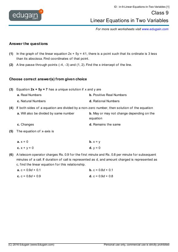 Grade 9 Linear Equations Worksheet With Answers