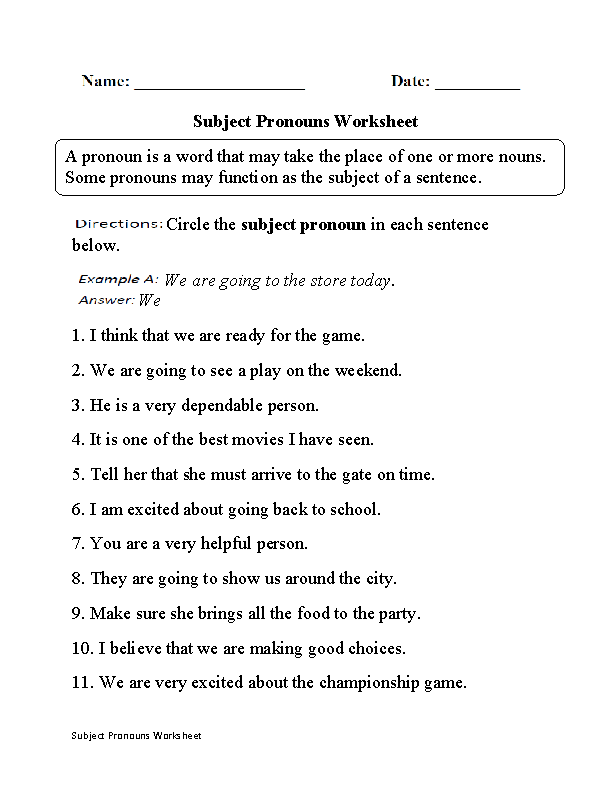 Personal Pronouns Worksheet Answers