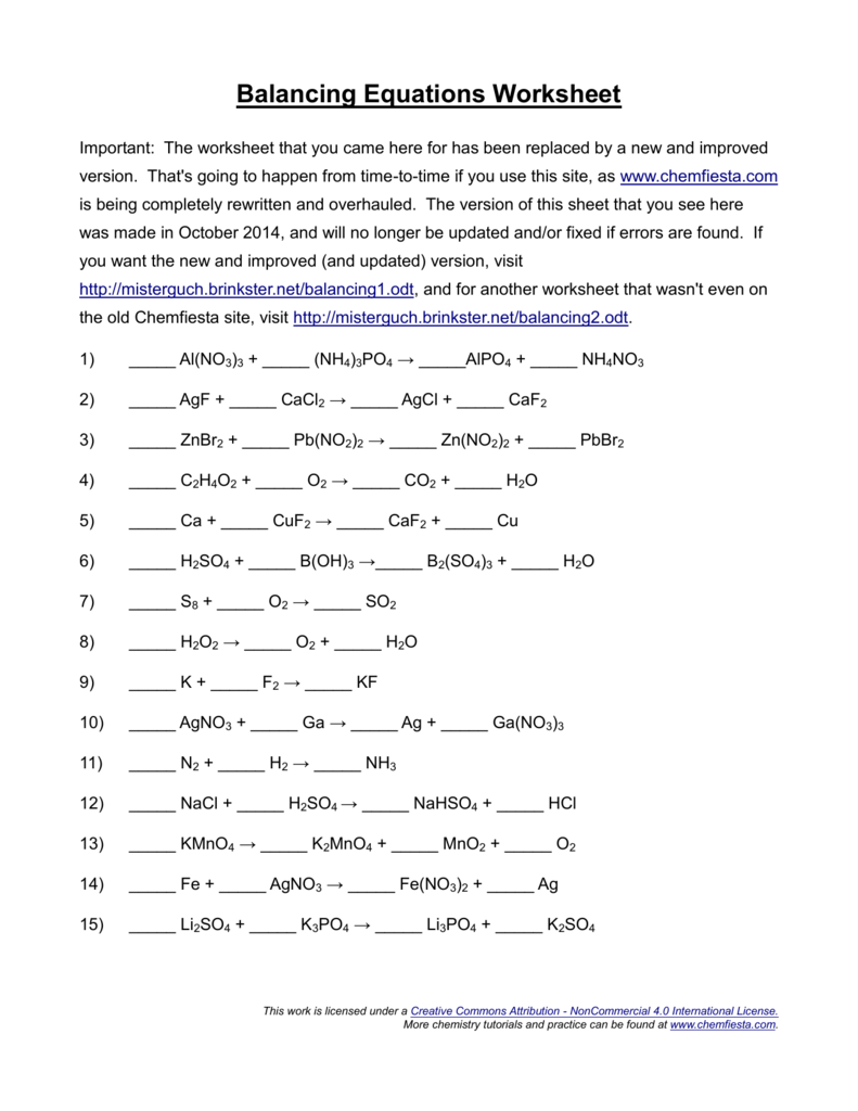 Balancing Equations Worksheet Answers Chemfiesta