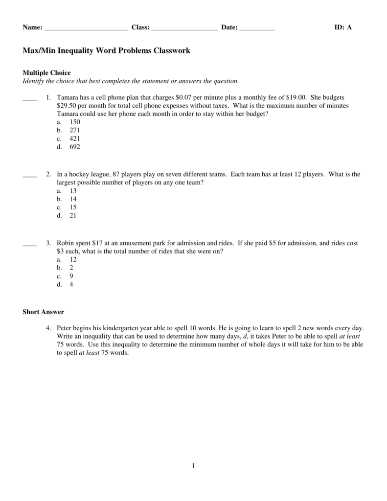 Inequality Word Problems Worksheet Doc Eliceo News