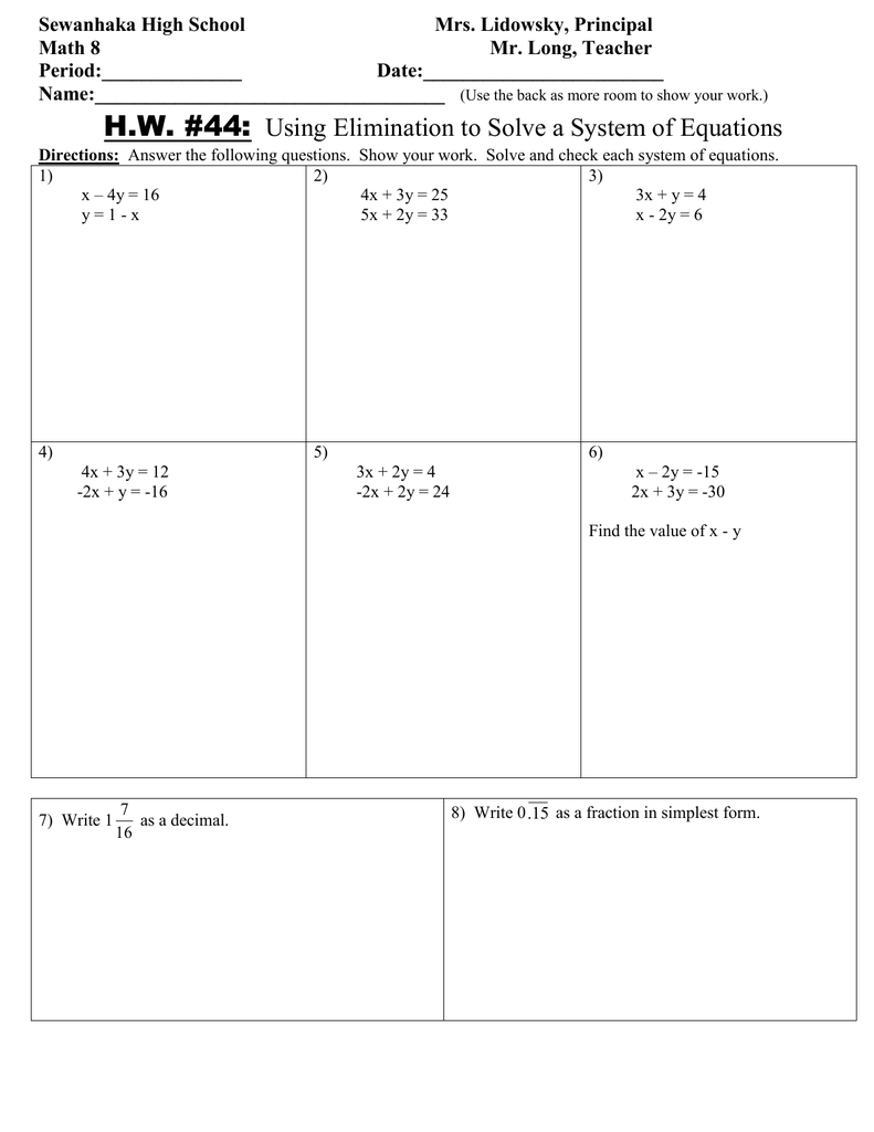 Math 8 HW 44 Using Elimination to solve a System of Equations.doc