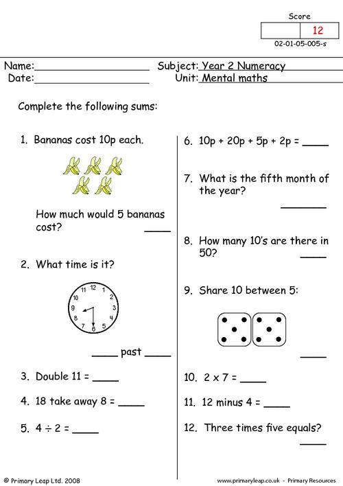Free Maths Worksheets Year 2