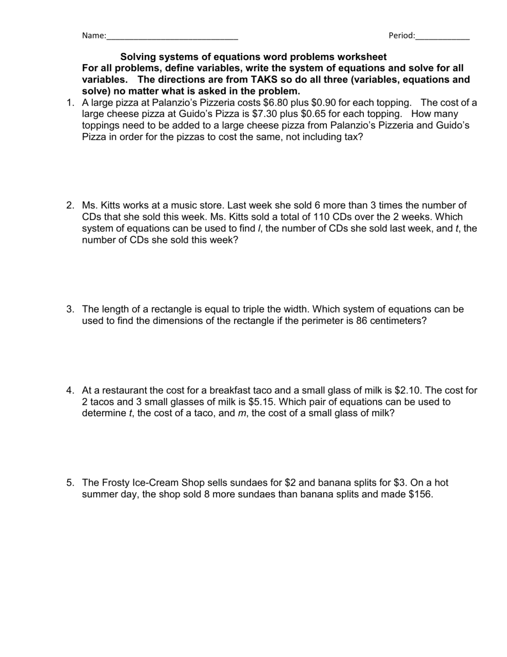 Systems Of Equations Word Problems Worksheet Algebra 2