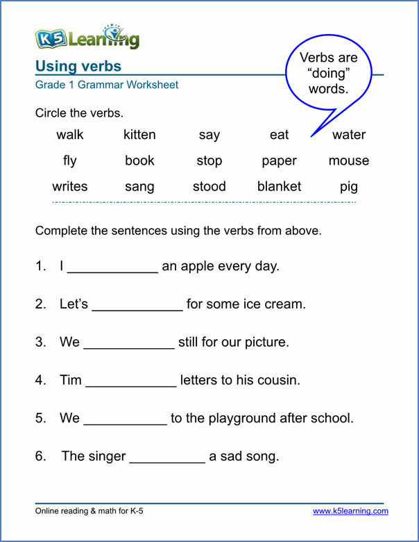 Identifying Verbs Worksheet For Grade 1