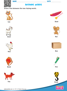 English rhyming words worksheets for both preschool & Kindergarten