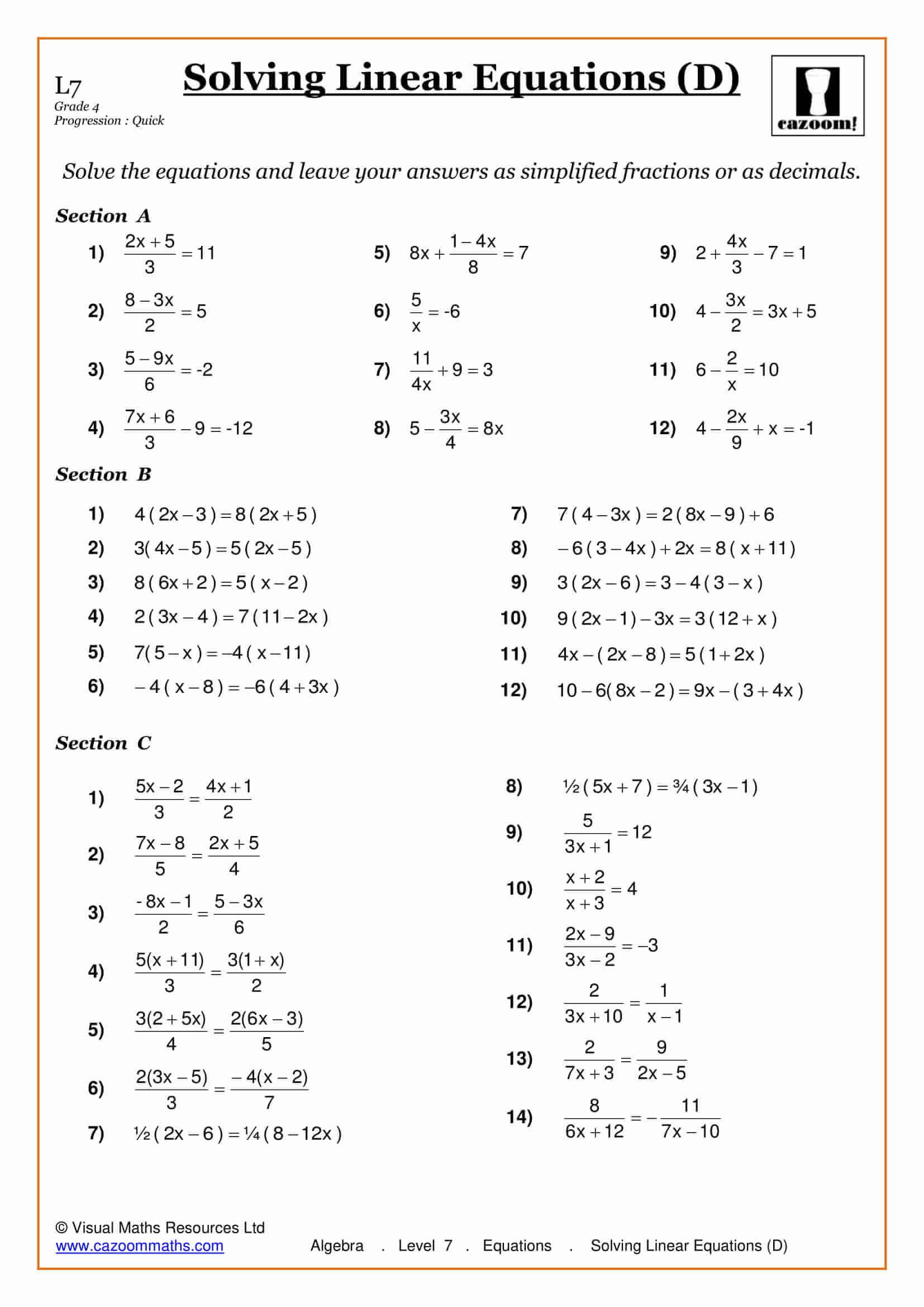 Solving Equations Maths Worksheet Algebra worksheets, Solving linear