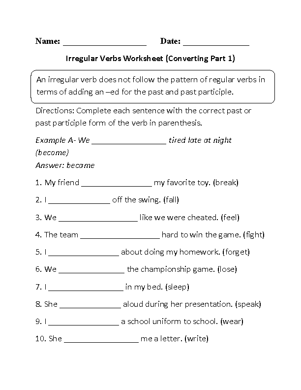 Irregular Verbs Worksheet Grade 4