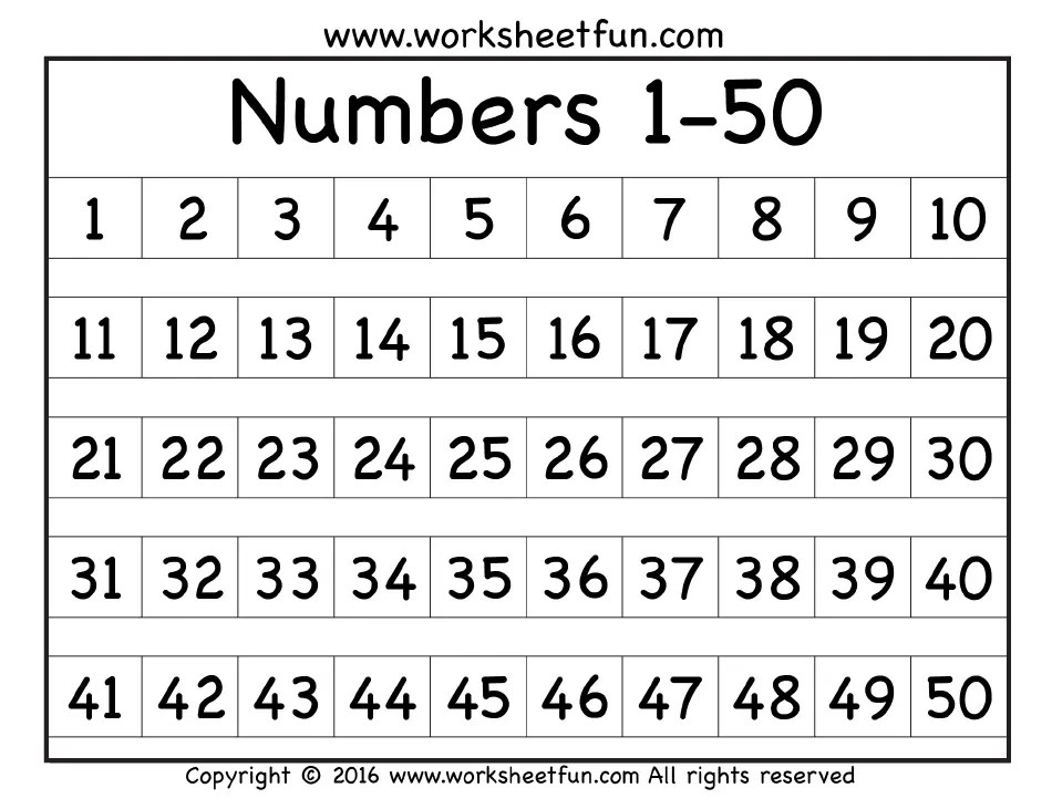 Kindergarten Worksheets Numbers 1-50