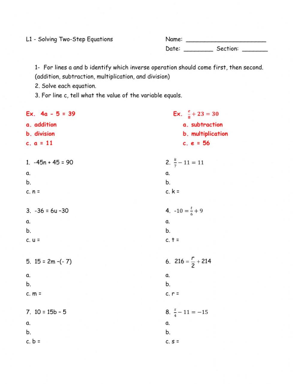 Two Step Equations worksheet