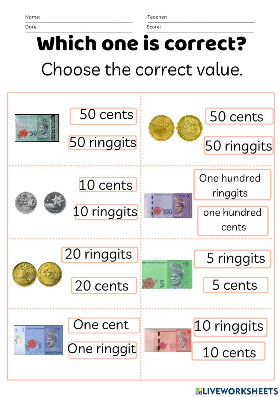 Malaysian currency worksheet