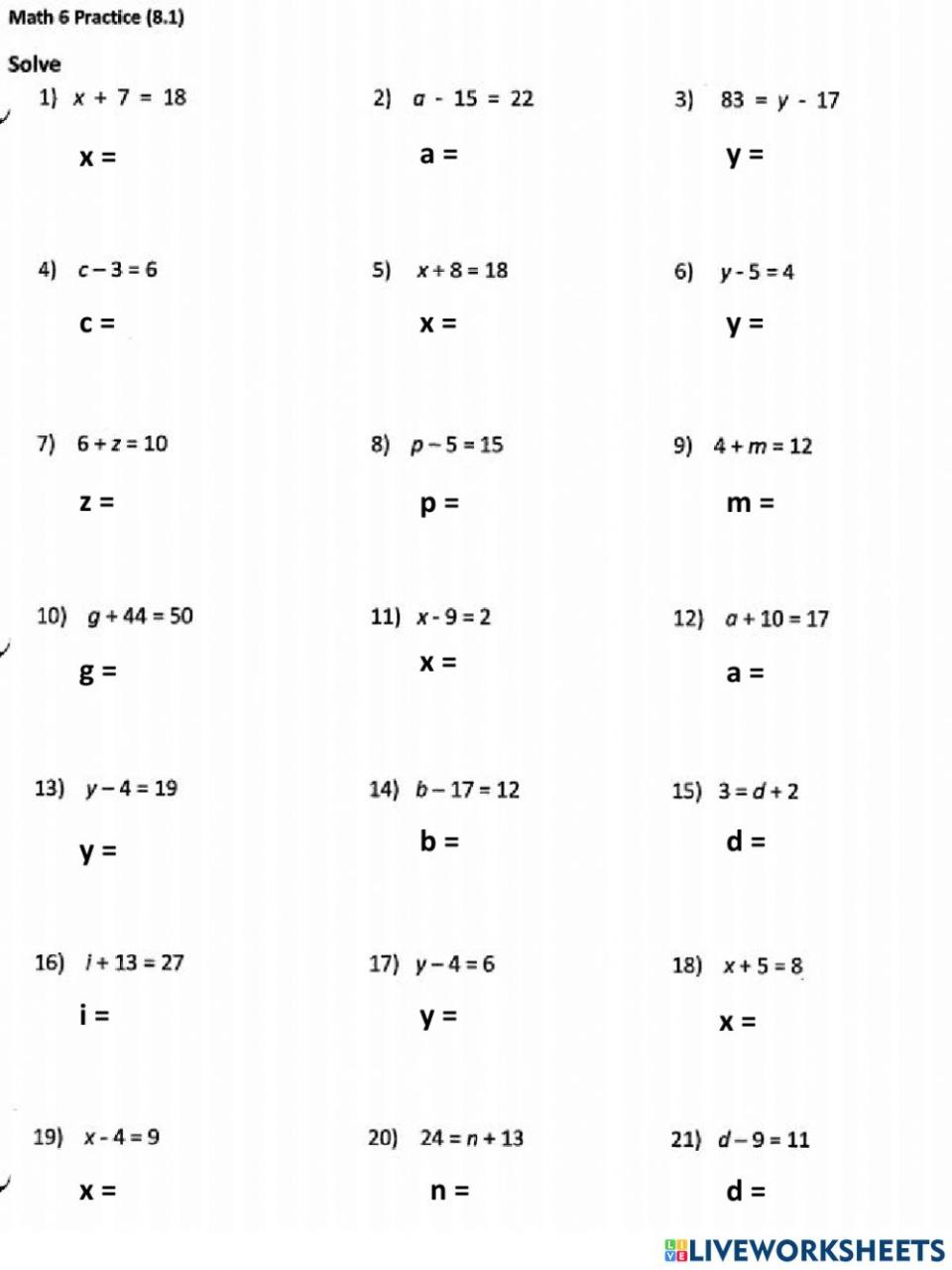 Solving Equations Worksheet Pdf Grade 7