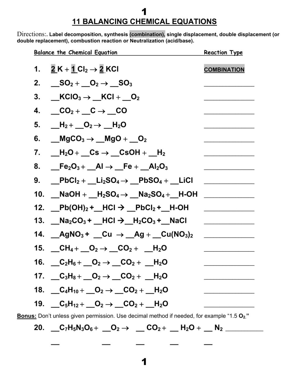 Chemical Equations And Reactions Worksheet —