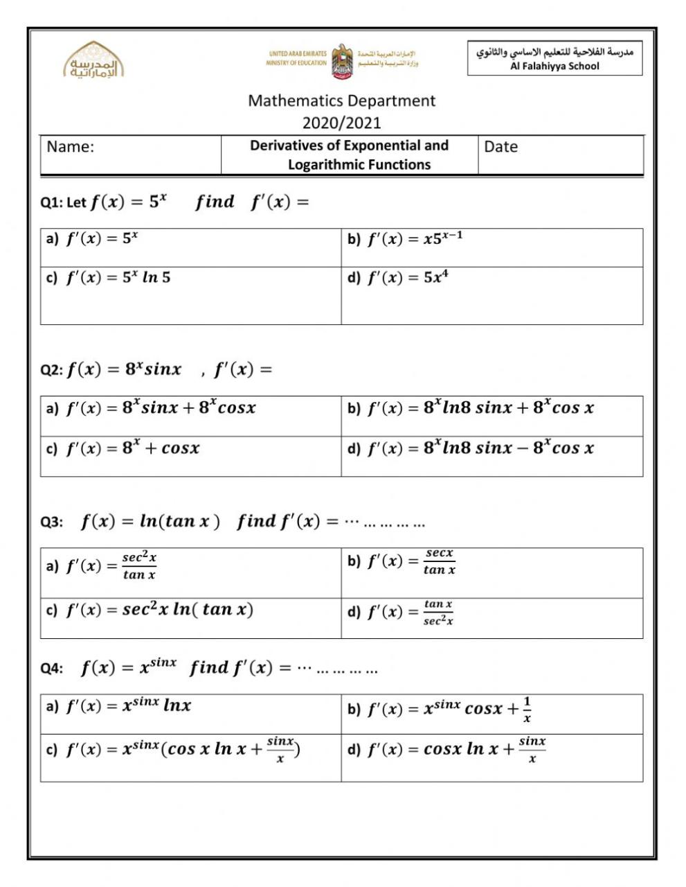 Derivative of exponential and logarithmic functions worksheet