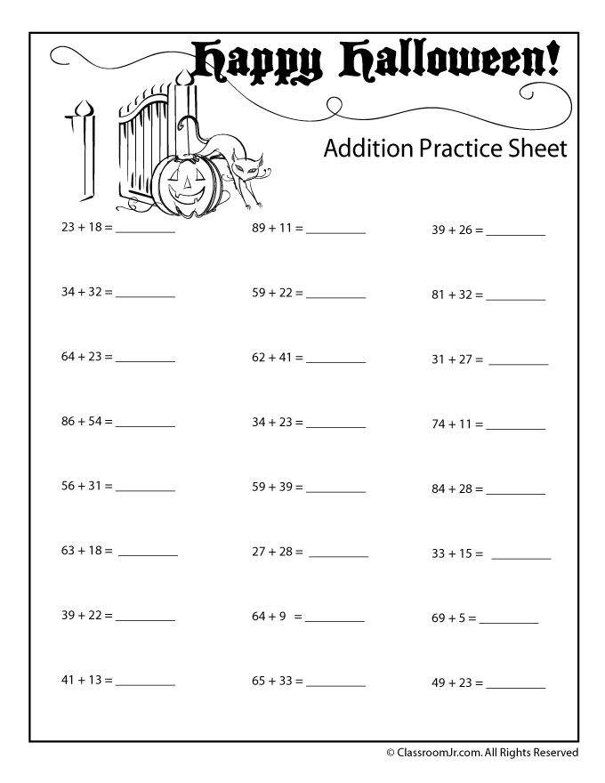 Double Digit Halloween Addition Worksheet Numbers up to 99