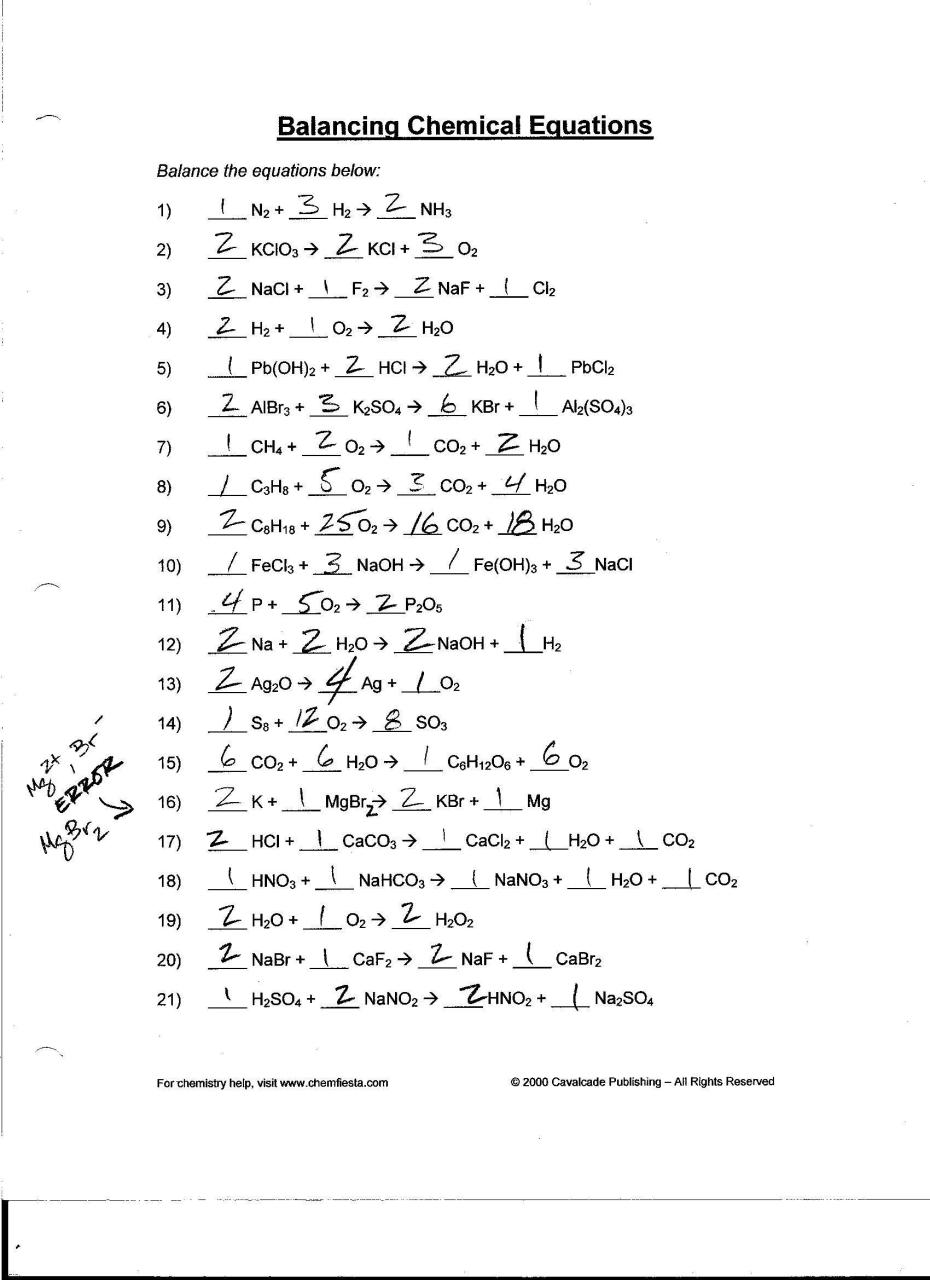 Balancing Chemical Equations Worksheet Answer Key 1-10