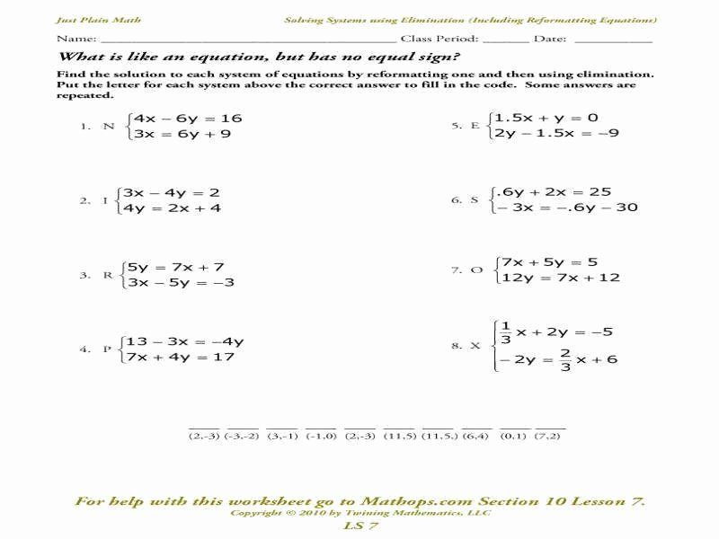 Systems Of Equations Elimination Worksheet Printable Worksheet
