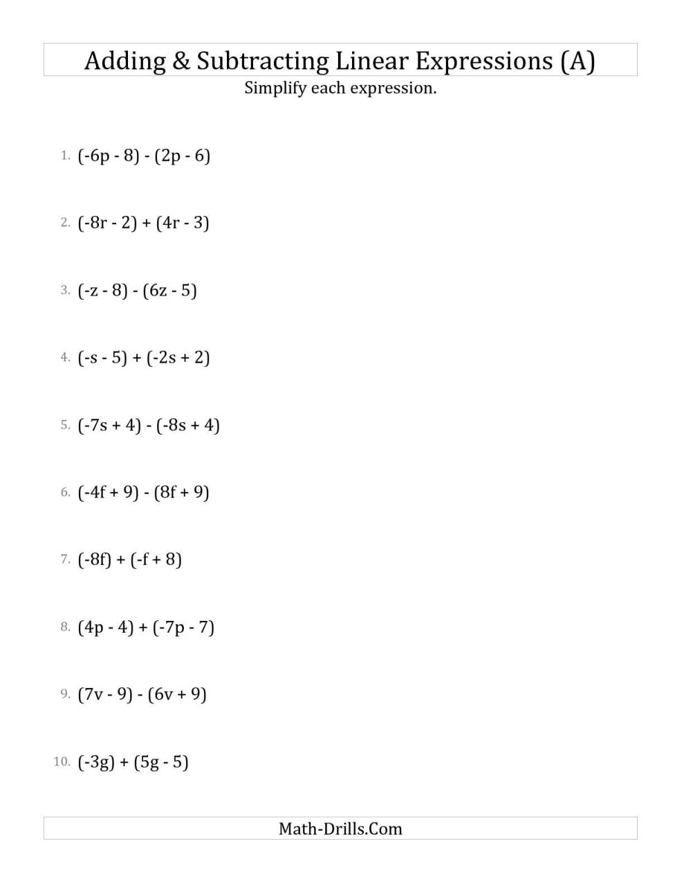 Linear Equation Worksheet Grade 7