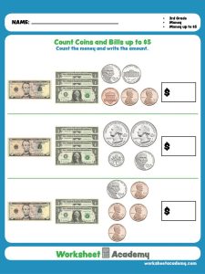 Count Coins and Bills up to 5 Fun math worksheets, Third grade math