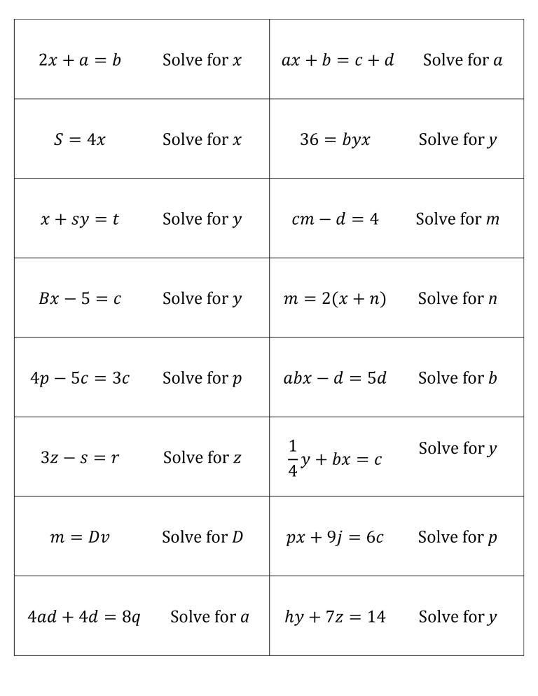 Literal Equations Practice Worksheet Algebra 1