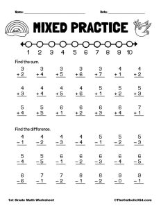 Practice Addition & Subtraction 1st Grade Math Worksheet Catholic