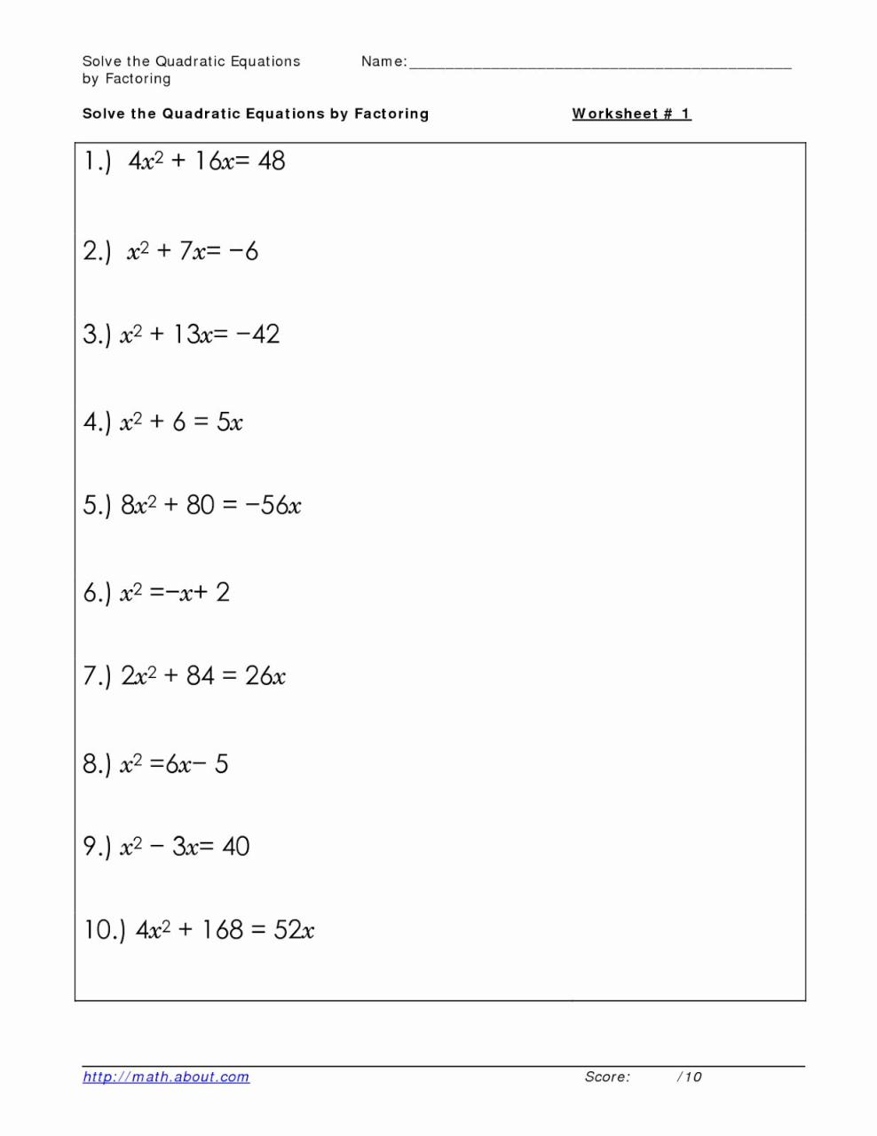 Solving Quadratic Equations By Factoring Worksheet Answers Algebra 1
